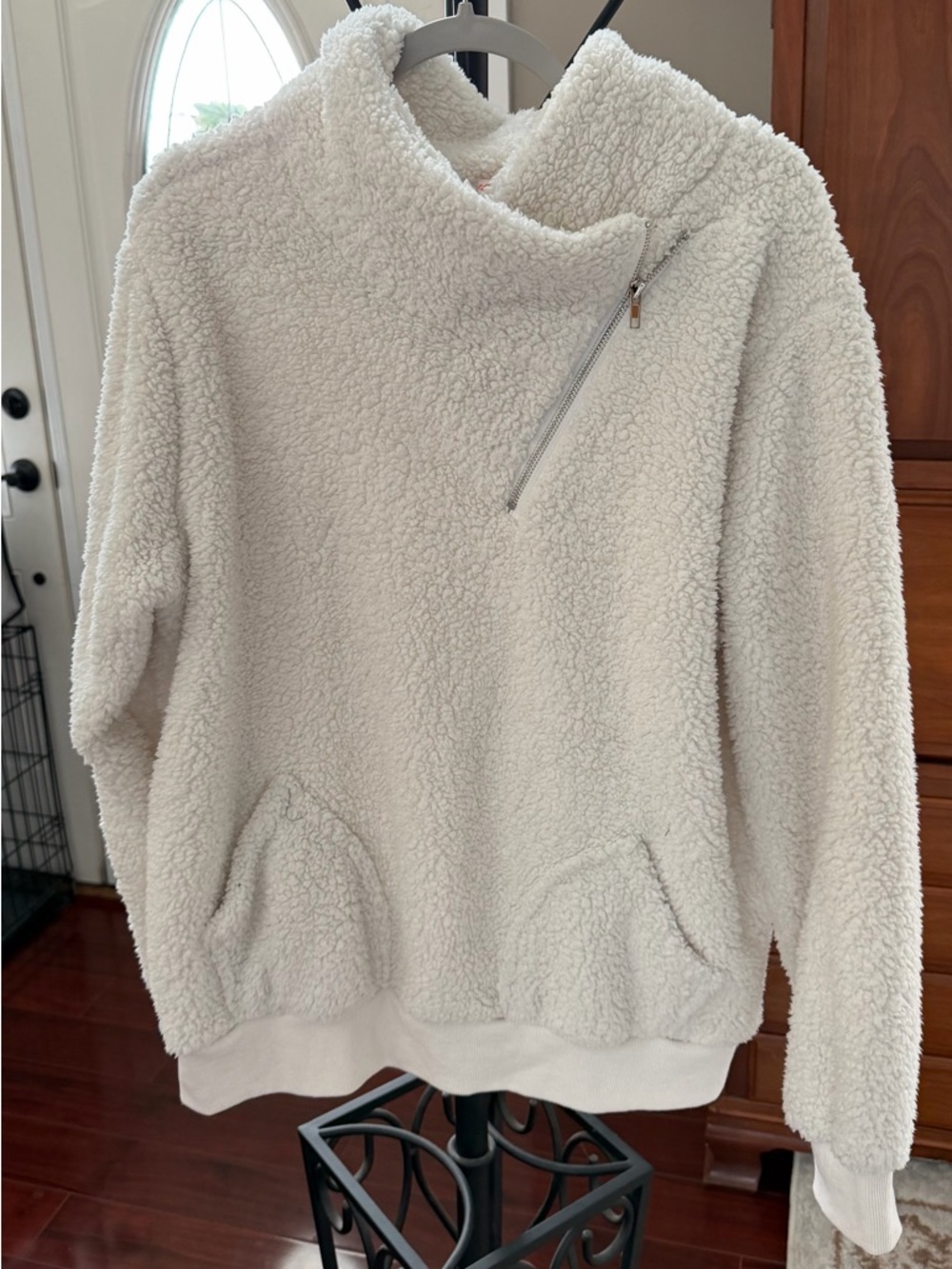 Cozy Cream Sherpa Pullover Sweater with Asymmetric Zip